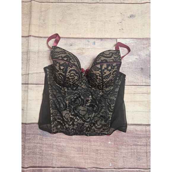 Adore Me Black Lace Corset Size 42DDD Padded Underwire Pink Bow Straps Vixen - Picture 1 of 7